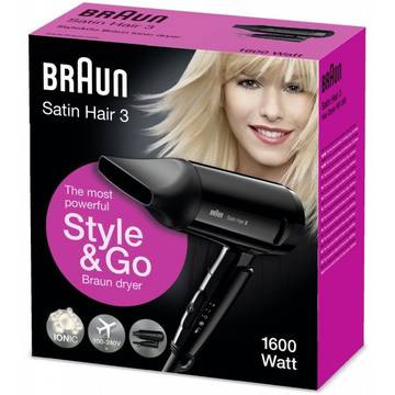 Uscator de par Braun Satin Hair HD 350, 1600 W, Ionizare, 2 Trepte temperatura, Negru