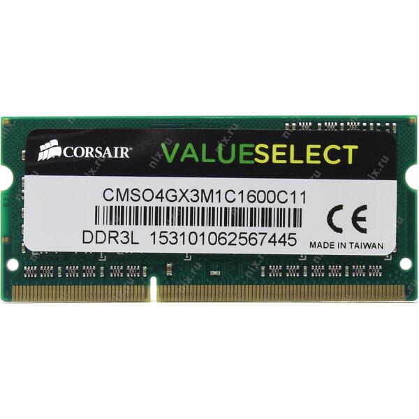 Memorie Corsair CMSO4GX3M1C1600C11, VALUE SELECT, DDR3L, 4GB, 1600MHz, SODIMM Memory