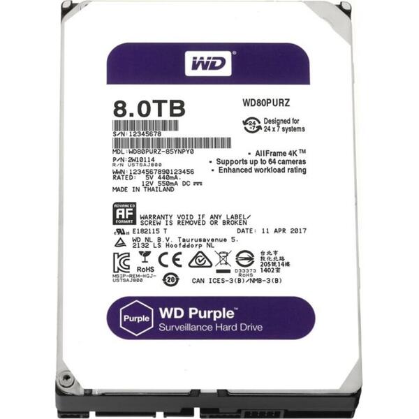 Hard Disk Western Digital WD82PURZ, 3.5 inch, 8TB, SATA3, 5400RPM, 256MB, Purple