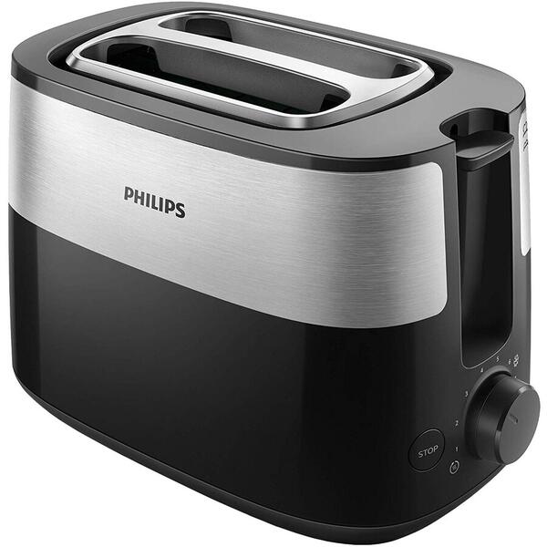 Toaster Philips Daily Collection HD2515/90, 2 felii, 830W, 8 setari, Negru