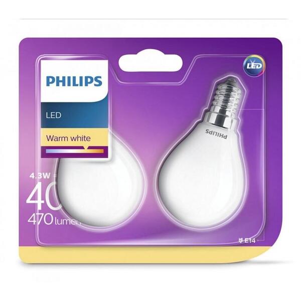 Bec Philips 8718696751411, Set 2 buc, LED, E14, 4.3W (40W), Lumina calda