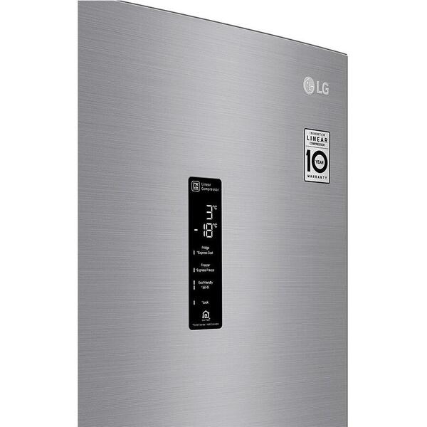 Combina frigorifica LG GBF71PZDZN, 337 l, No Frost, Compresor Inverter Linear, Display Extern, WiFi, H 186, Clasa A++, Argintiu