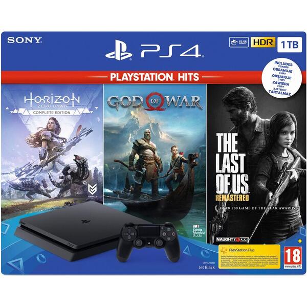 Consola Sony Playstation 4 Slim, 1TB, Jet Black + God of War HITS + Horizon Zero Dawn Complete Edition HITS + The Last of Us Remastered HITS