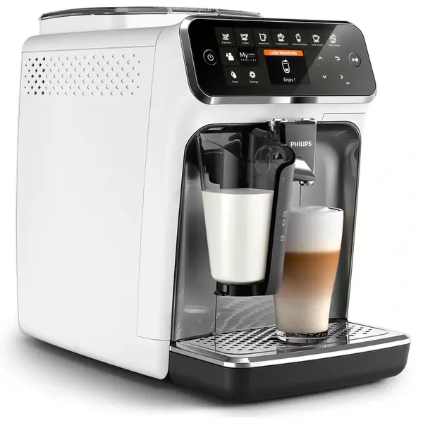 Espressor automat Philips EP4343/70, Sistem de lapte LatteGo, 8 bauturi, Display digital TFT in 3 culori, Filtru AquaClean, Rasnita ceramica, Optiune cafea macinata, Functie MEMO 2 profiluri, Alb
