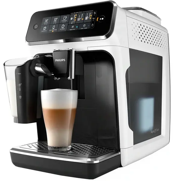 Espressor automat Philips EP3243/50,  Sistem de lapte LatteGo, 5 bauturi, Filtru AquaClean, Rasnita ceramica, Optiune cafea macinata, Ecran tactil, Alb/Negru