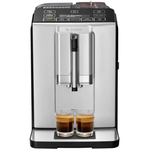 Espressor automat Bosch TIS30321RW, 1300W, 15 Bar, 1.4 l, Rasnita ceramica, Dispozitivul spumare lapte MilkMagic Pro, AromaDouble Shot, Argintiu