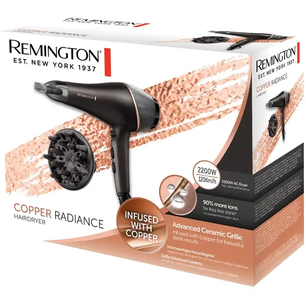 Uscator de par Remington AC5700, Copper Radiance, 2200W, Ionizare, Grila ceramica, 3 Setari temperatura, 2 Viteze, Auriu/Negru