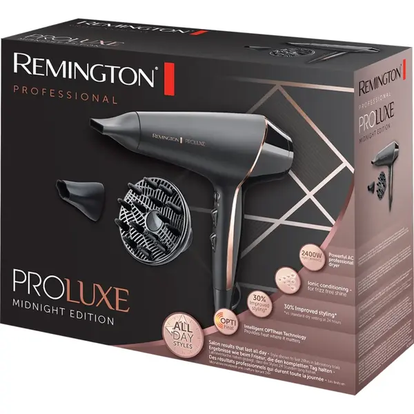 Uscator de par Remington AC9140B OPTIheat Proluxe Midnight Edition, 2400 W, Afisaj digital integrat, 2 setari de viteza, Concentrator, Negru