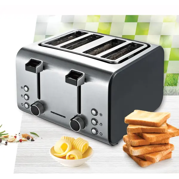 Toaster Heinner Marsee 1400 HTP-1400BKSS, 1400-1600W, 4 felii, 7 niveluri congelare, Auto-centrare felii de paine, Negru/Inox