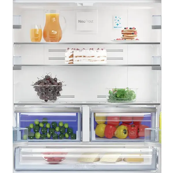 Side by side Beko GN1416231XPN, 572 l, NeoFrost Dual Cooling, Active Fresh Blue Light, Ion guard, Compresor ProSmart Inverter, Display touch control, Twist Ice Maker, Clasa F, H 182 cm, Metal Look