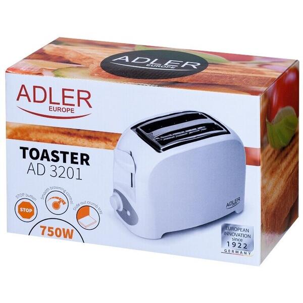 Toaster Adler AD 3201, 750 W, 2 felii, Grad de rumenire variabil, Alb