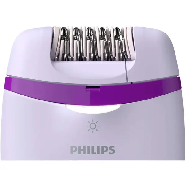 Epilator Philips Satinelle Essential BRP533/00, Opti-Light, 2 setari de viteze, Mini-perie de curatare faciala VisaPure, Penseta, Husa, Turcoaz, Mov