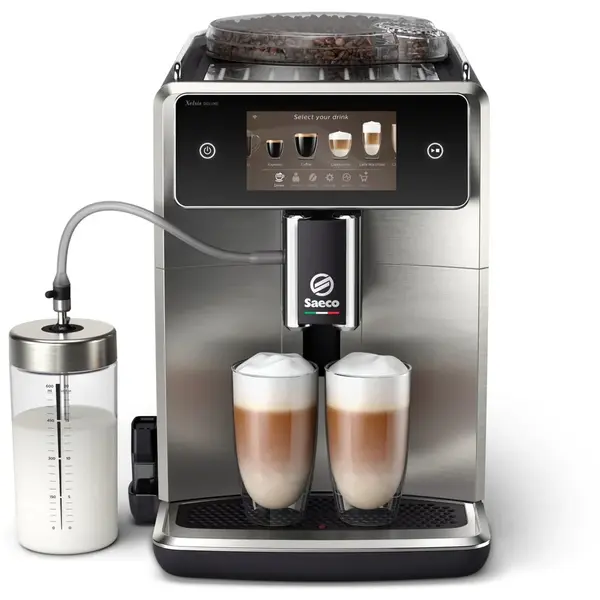 Espressor automat Philips Saeco SM8785/00, 22 tipuri de cafea, 8 profiluri, Ecran color 5.4 inch, Conexiune WI-FI, Tehnologie CoffeMaestro, Argintiu/Negru