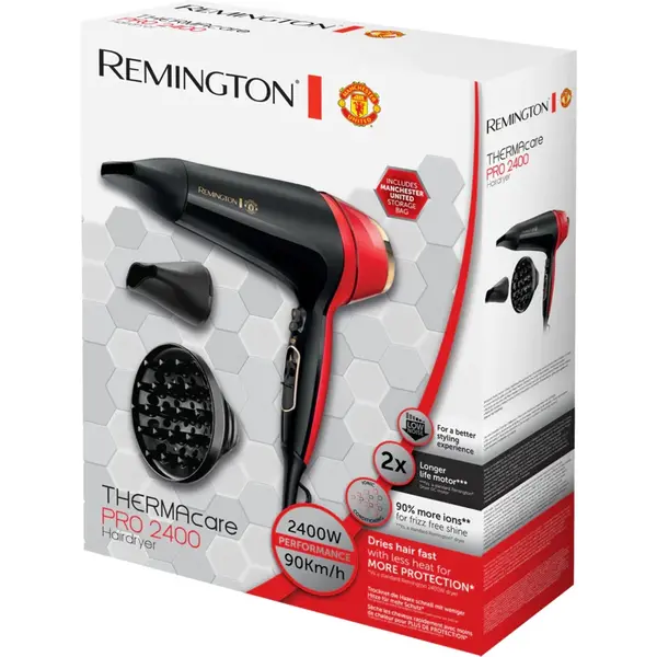 Uscator de par Remington D5755 Thermacare Manchester United, 2400 W, 2 Viteze, 3 Trepte de temperatura, Indicator LED Ionic, Turbo Boost, Negru / Rosu