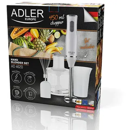 Blender, chopper si mixer 3 in 1 Adler AD4620, Otel inoxidabil cu 2 vase gradate de 450 ml si 750 ml, Alb
