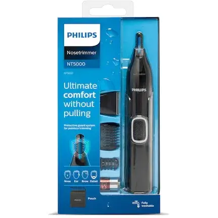 Aparat de tuns Philips NT5650/16, Baterie, Lavabil, Utilizare umed si uscat, Tehnologie Precision Trim, Otel inoxidabil, Pieptene pentru sprancene, 2 piepteni 3-5 mm, Negru