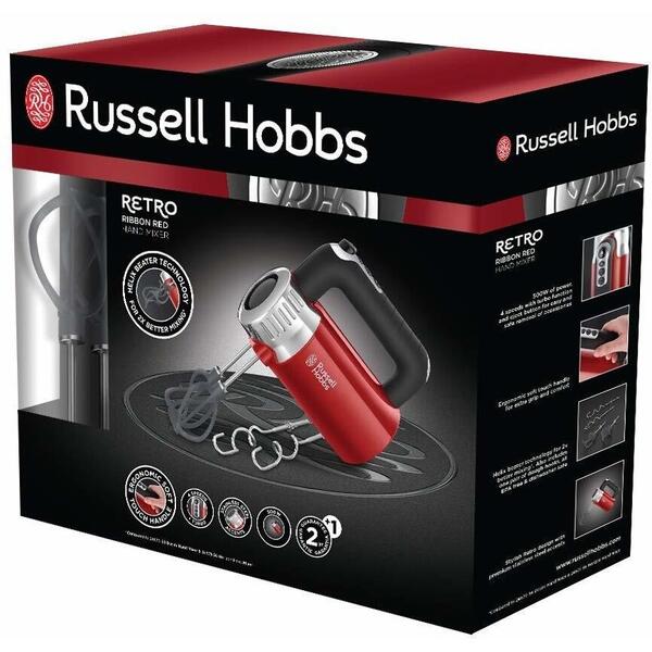 Mixer Russell Hobbs Retro Ribbon Red 25200-56, 500 W, 4 viteze + turbo, Palete Helix, Rosu