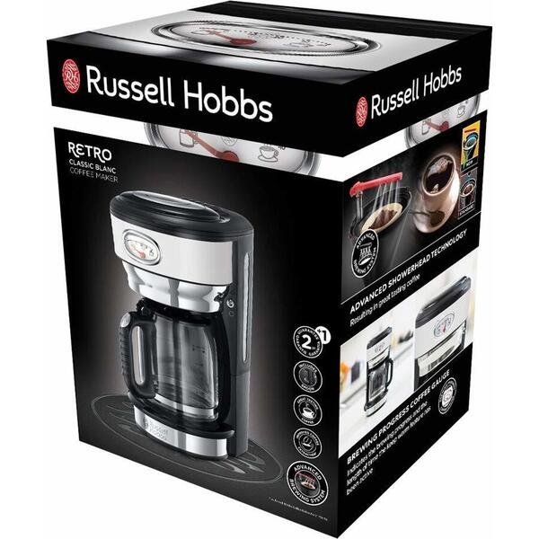 Cafetiera Russell Hobbs Retro Classic Blanc 21703-56, 1000 W, 1,25 l, Functie pause and pour, Alb/Inox