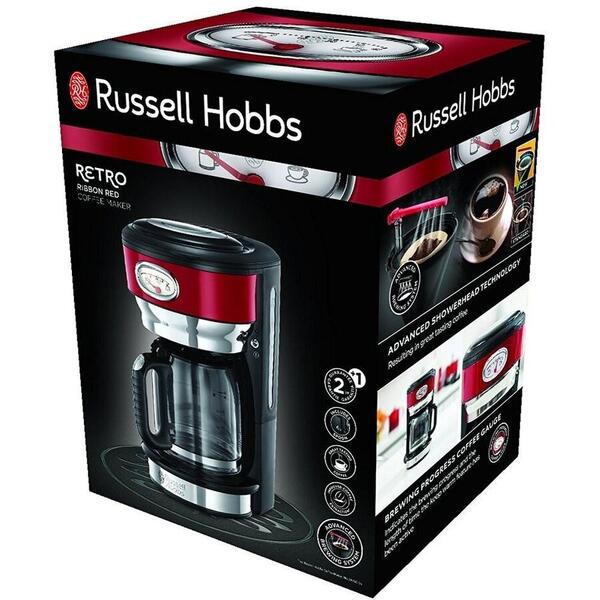 Cafetiera Russell Hobbs Retro Ribbon Red 21700-56, 1000 W, 1,25 l,Functie pause and pour, Rosu/Inox