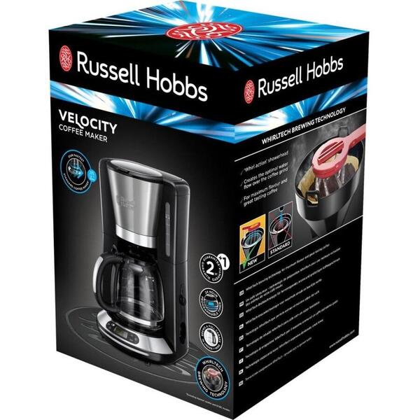 Cafetiera Russell Hobbs Velocity 24050-56, 1100 W, 1.25 l, Filtrare rapida, Timer, Inox/Negru