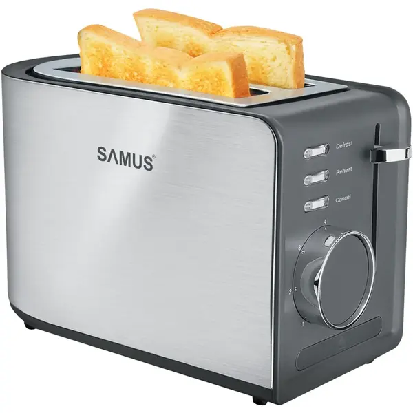 Toaster Samus TOASTY, 850 W, Capacitate 2 felii, 7 Trepte Prajire, Dezghetare, Oprire manuala, Inox