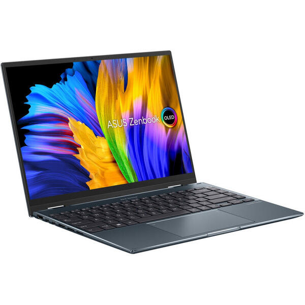 Laptop Asus Zenbook 14 Flip OLED UP5401EA, 14 inch, 2 in 1 Convertibil, 2.8K 90Hz Touch, Procesor Intel Core i7-1165G7, 16GB DDR4X, 512GB SSD, Intel Iris Xe, Win 10 Home, Pine Grey