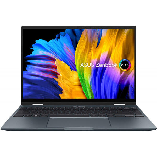 Laptop Asus Zenbook 14 Flip OLED UP5401EA, 14 inch, 2 in 1 Convertibil, 2.8K 90Hz Touch, Procesor Intel Core i7-1165G7, 16GB DDR4X, 1TB SSD, Intel Iris Xe, Win 10 Pro, Pine Grey