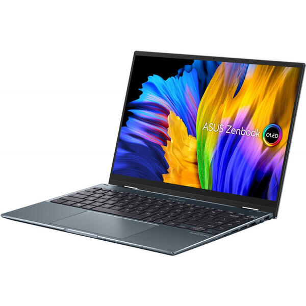 Laptop Asus Zenbook 14 Flip OLED UP5401EA, 14 inch, 2 in 1 Convertibil, 2.8K 90Hz Touch, Procesor Intel Core i7-1165G7, 16GB DDR4X, 1TB SSD, Intel Iris Xe, Win 10 Pro, Pine Grey