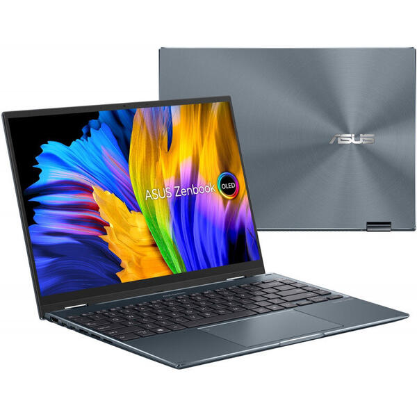 Laptop Asus Zenbook 14 Flip OLED UP5401EA, 14 inch, 2 in 1 Convertibil, 2.8K 90Hz Touch, Procesor Intel Core i7-1165G7, 16GB DDR4X, 1TB SSD, Intel Iris Xe, Win 11 Pro, Pine Grey