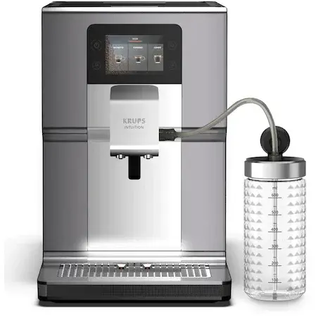 Espressor automat Krups Intuition Preference+ EA875E10, Accesoriu pentru spumarea laptelui, Ecran tactil, Tehnologie Quattro Force, Retete favorite, 1450W, Argintiu