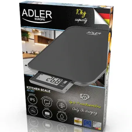 Cantar de bucatarie Adler AD3167B, Capacitate max 10 kg, Incarcare USB, Display LCD, Negru