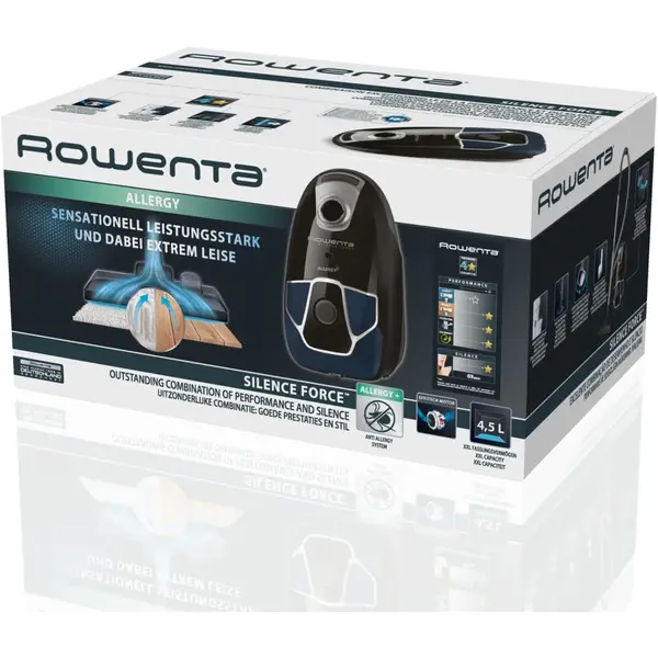 Aspirator Rowenta cu sac Silence Force Allergy+ RO6881EA, 450 W, 4.5L, sac Hygene+, perie Easy Brush, cablu 8.8m, 3 niveluri de filtrare, negru/albastru