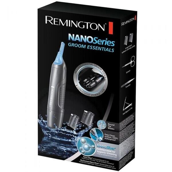 Aparat de tuns Remington Set cadou Trimmer pentru nas si urechi NE3455 Nano Series , Carcasa antibacteriana NanoSilver, Tehnologie ComfortTrim, Trusa pentru manichiura, Negru