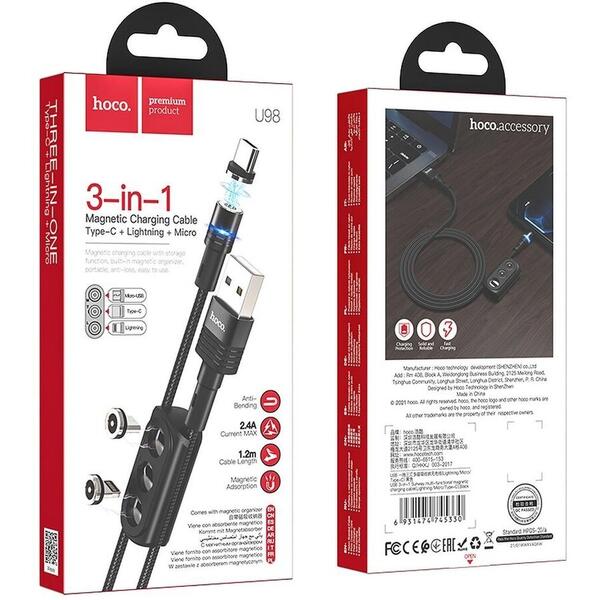 Hoco Cablu Incarcare USB 3 in 1 Magnetic Sunway U98, USB - MicroUSB / Lightning / USB Type-C, 1.2 m, 2.4A, Negru