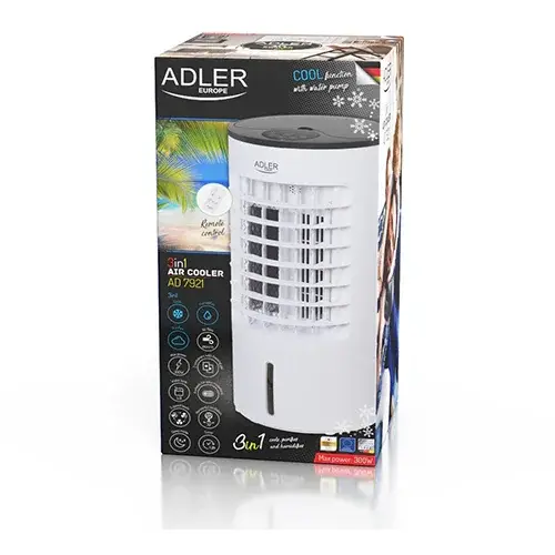 Aparat de aer conditionat Adler Portabil AD7921, 3in1, cu Panou tactil LED si telecomanda, Functie de Racire, Umidificare si Purificare, debit 280 m3/h, 300W, alb