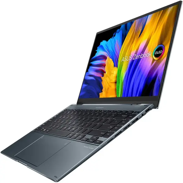 Laptop Asus Zenbook 14 Flip OLED UP5401EA-KN107X cu procesor Intel Core i7-1165G7, 14", 2.8K, 16GB, 512GB SSD, Intel Iris X Graphics, Windows 11 Pro, Pine Grey