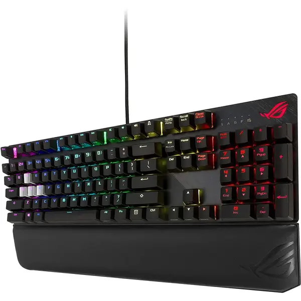 Tastatura Asus gaming mecanica ROG Strix Scope Deluxe, RGB, switch-uri Cherry MX Red, cadru din aluminiu, suport ergonomic detasabil, taste suplimentare WASD argintii, iluminare Aura Sync, Negru