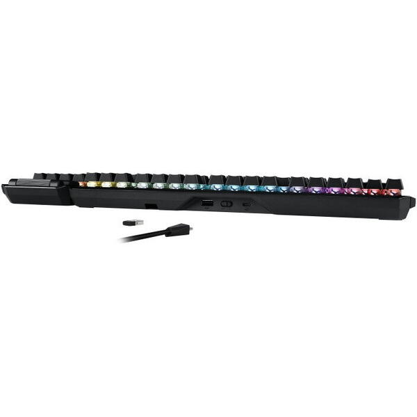 Tastatura Asus gaming mecanica wireless ROG Claymore II, RGB, switch-uri ROG RX Red, numpad si suport ergonomic detasabile, conectivitate dual-mod (cu fir/2.4 GHz), taste media dedicate, iluminare Aura Sync, Negru/Gri