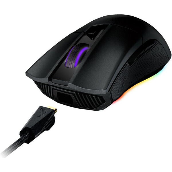 Mouse Asus gaming ROG Gladius II Origin, RGB, switch-uri Omron, 12000 dpi, 6 butoane, 2 cabluri detasabile, iluminare Aura Sync, Negru
