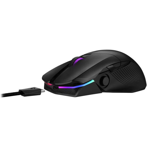 Mouse Asus gaming wireless ROG Chakram, RGB, switch-uri Omron, 16000 dpi, 7 butoane + joystick, incarcare Qi, carcasa si butoane magnetice, conectivitate triplu-mod (cu fir /2.4 GHz/Bluetooth), iluminare Aura Sync, Negru