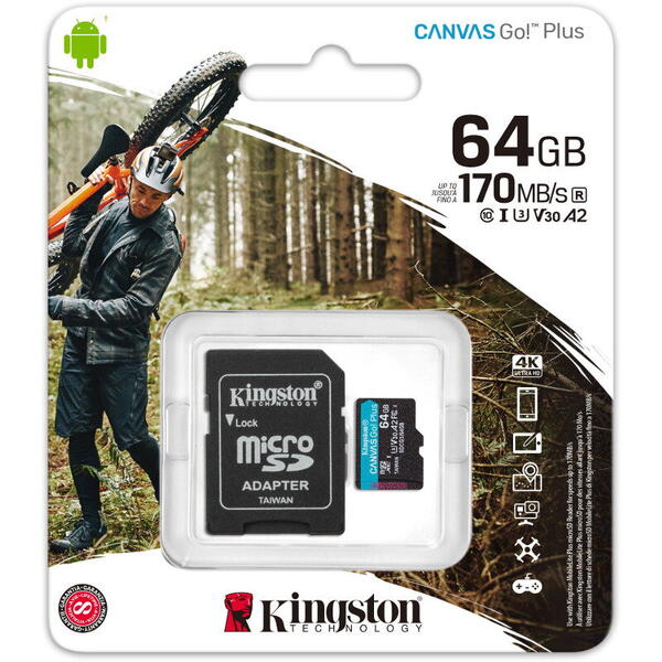 Memory stick Kingston SDCG3/64GB, Micro SDXC Canvas GO Plus, 64GB, Clasa 10, UHS-I + Adaptor