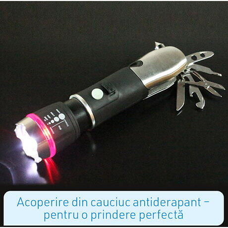 Lanterna multifunctionala Panta Safe Guard 3579, 6 accesorii, Maner cauciucat, Incarcare USB, Negru-Argintiu