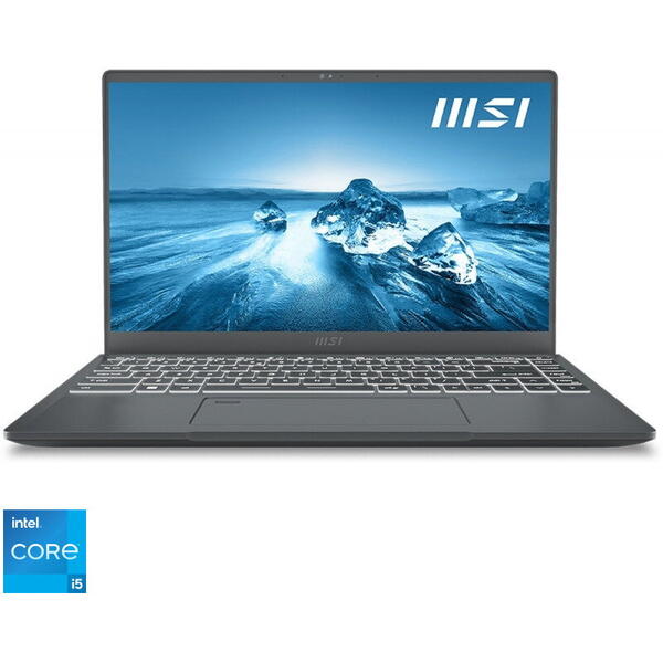 Laptop MSI 9S7-14C612-216, 14 inch, Prestige 14 A12SC, FHD, Procesor Intel Core i5-1240P (12M Cache, up to 4.40 GHz), 8GB DDR4, 512GB SSD, GeForce GTX 1650 4GB, No OS, Grey