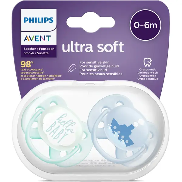 Set 2 suzete SCF222/01 Ultra Soft, ultramoale si flexibila, pentru pielea sensibila a bebelusului, ortodontica, 0-6 luni, Albastru/Verde