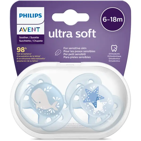 Set 2 suzete Ultra Soft SCF223/03, ultramoale si flexibila, pentru pielea sensibila a bebelusului, ortodontica, 6-18 luni, Albastru