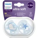  Philips Avent Set 2 suzete Ultra Soft SCF223/03, ultramoale si flexibila, pentru pielea sensibila a bebelusului, ortodontica, 6-18 luni, Albastru