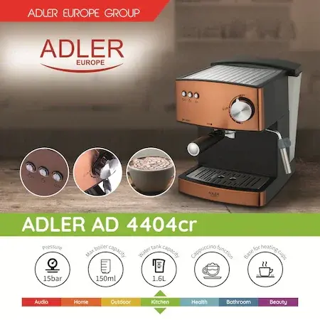 Espressor manual Adler AD4404CR de Cafea si Capucinno, Functie Spumare Lapte, Putere 850W, Rezervor Apa 1.6L Detasabil, Presiune 15 bar, Maro/Negru