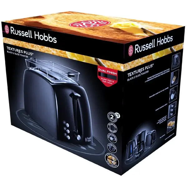 Toaster Russell Hobbs Textures Plus 22601-56, 850W, Fante extra late, Reincalzire, Gratar pentru chifle, Negru