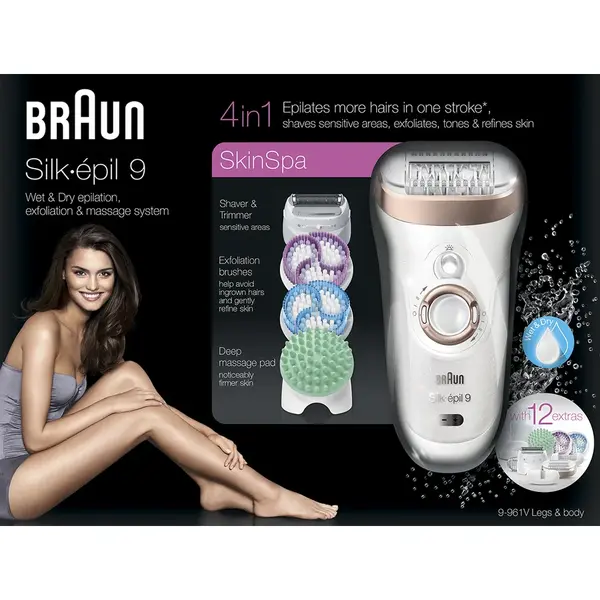 Epilator Braun SE9-961V Wet&Dry SkinSpa Legs&Body, 40 de pensete, acumulator, 12 accesorii, Alb/Auriu