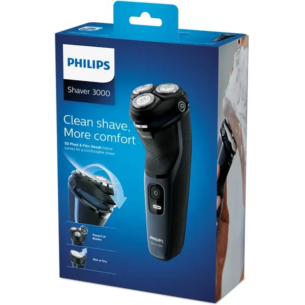 Aparat de ras Philips Shaver Seria 3000 S3134/51, fara fir, Sistem de lame PowerCut cu 27 de lame cu ascuţire automată, capete flexibile 5D, 60 min, barbierit umed si uscat, lavabil, Albastru inchis